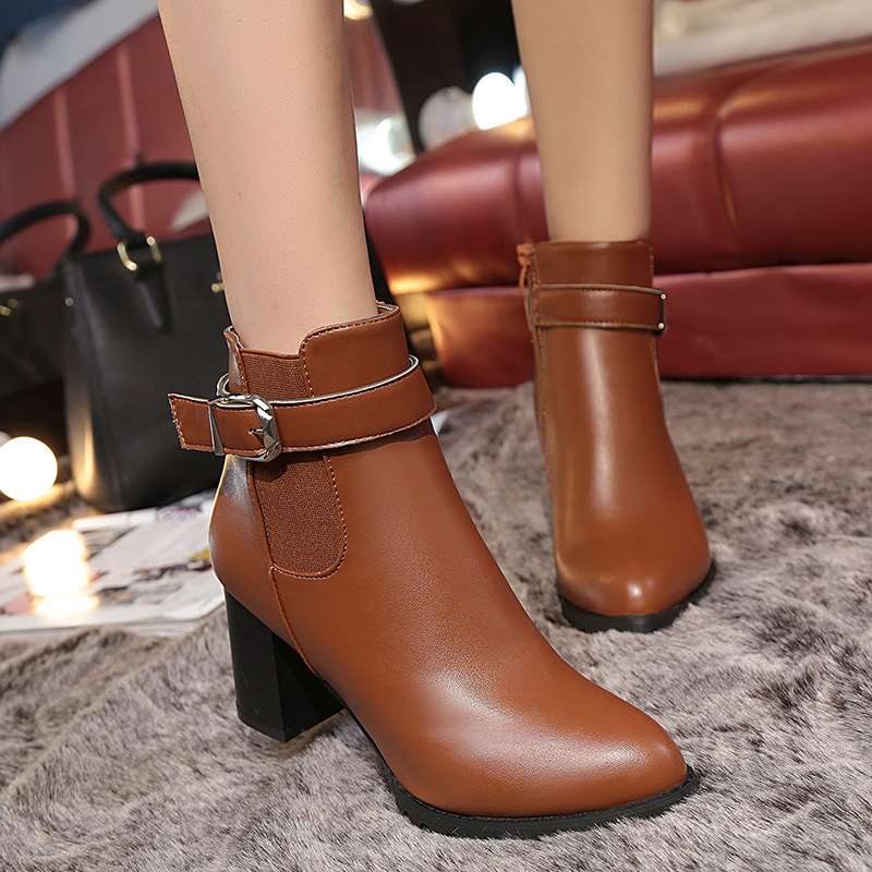 women shoes秋冬韩版新款粗跟高跟鞋皮带扣低筒马丁靴2024