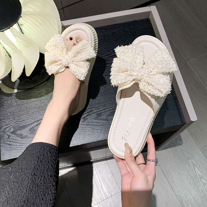 women shoes女新款大蝴蝶结松糕底小香风夏季厚底沙滩一字拖2024