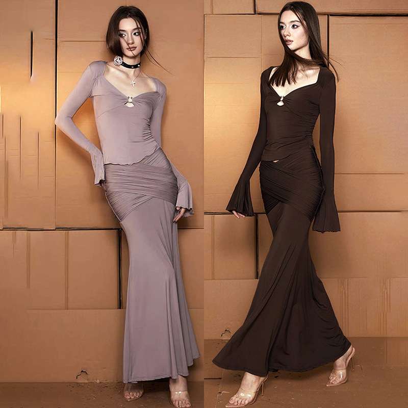 2024美女装秋冬新款长袖裹胸长款半裙时尚辣妹套装women clothes