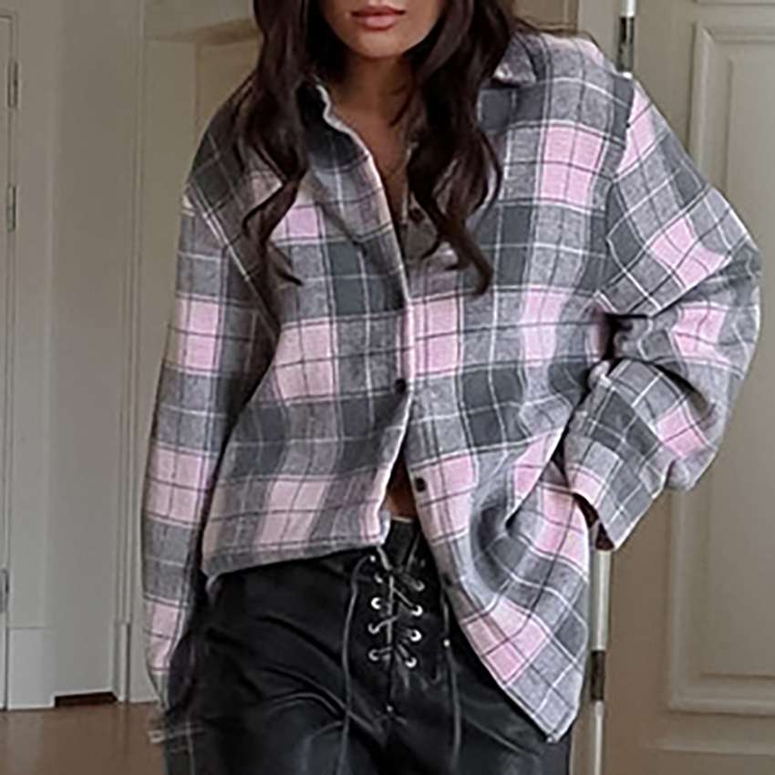 2024纹长袖衬衫宽松休闲百搭时尚通勤上衣外套欧美women clothes