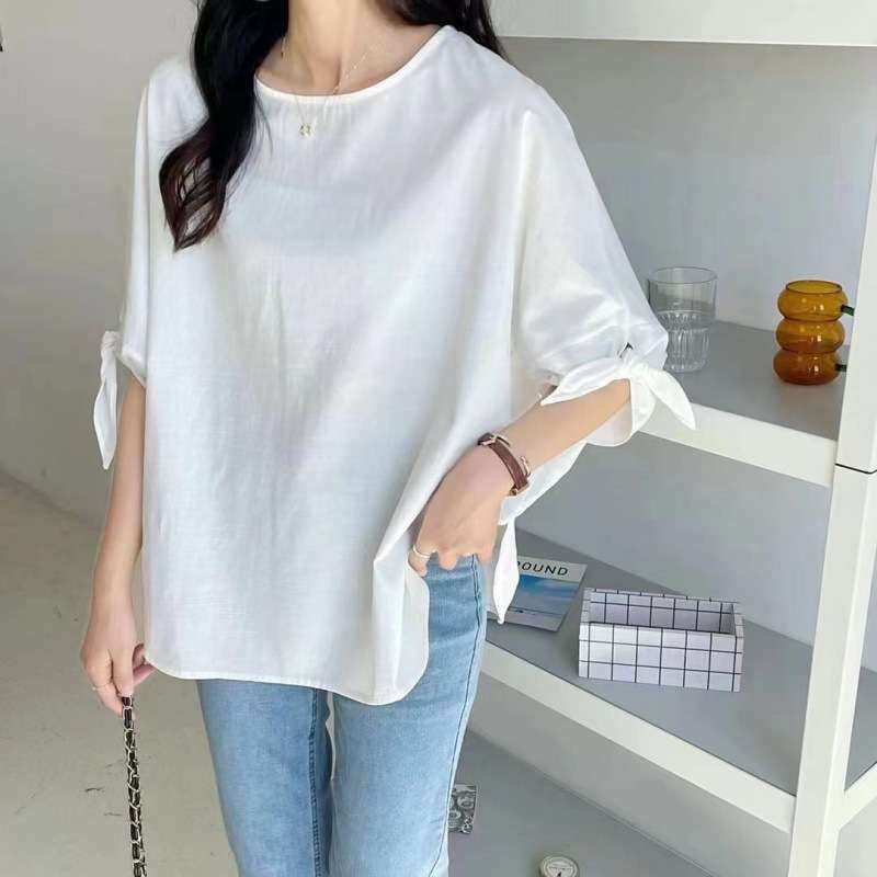 2024短袖女装上衣韩版新款胖MM洋气减龄宽松纯色衫women clothes