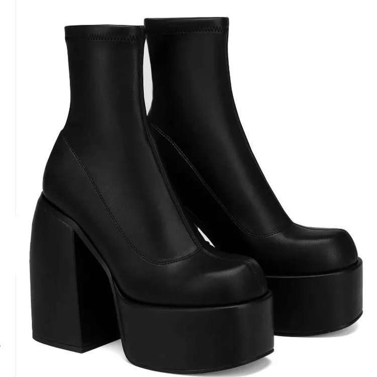 women shoes女粗跟年春秋牛仔高跟靴磨砂瘦腿弹力靴大码女鞋2024