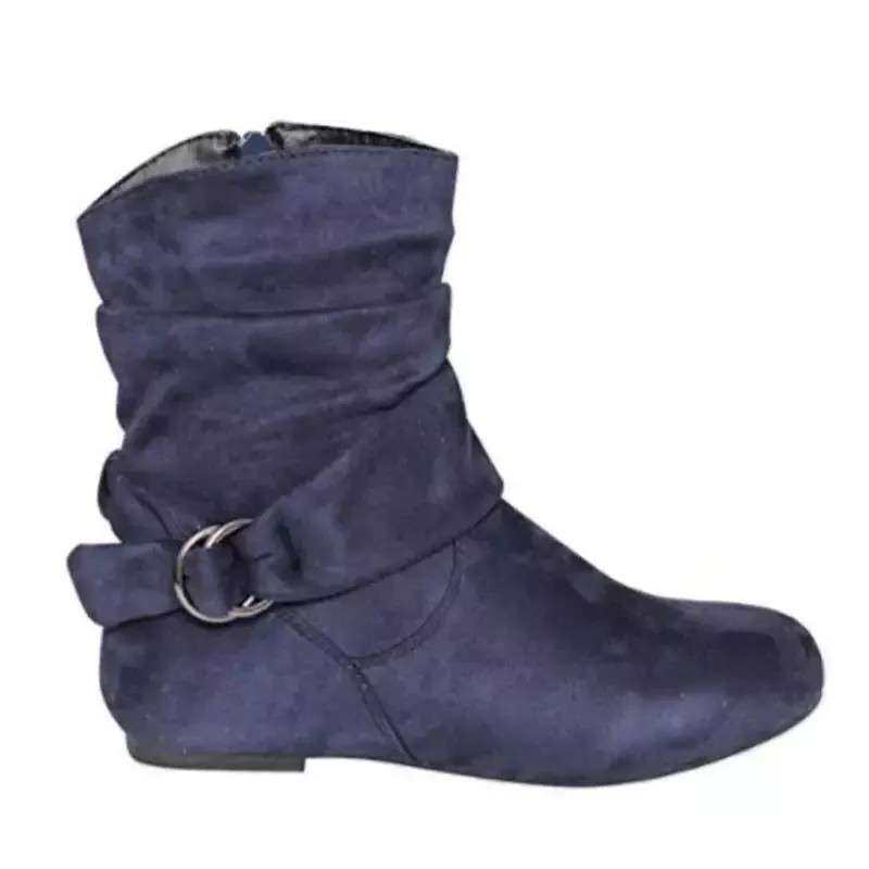 women shoes新款43大码平底皮带扣女短靴绒面拉链圆头女靴子2024