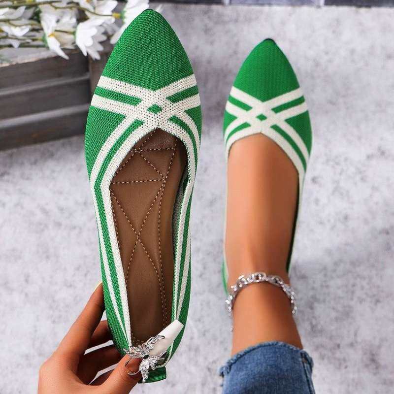 women shoes外贸MZ飞织鞋女平底拼色浅口尖头一脚蹬大码单鞋2024