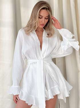 2024纱休闲慵懒度假纯欲茶歇套装长袖短裤白色欧美women clothes