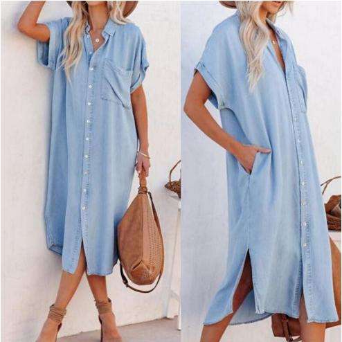 2024欧美时尚纯色牛仔短袖连衣裙中长款开叉衬衣裙women clothes
