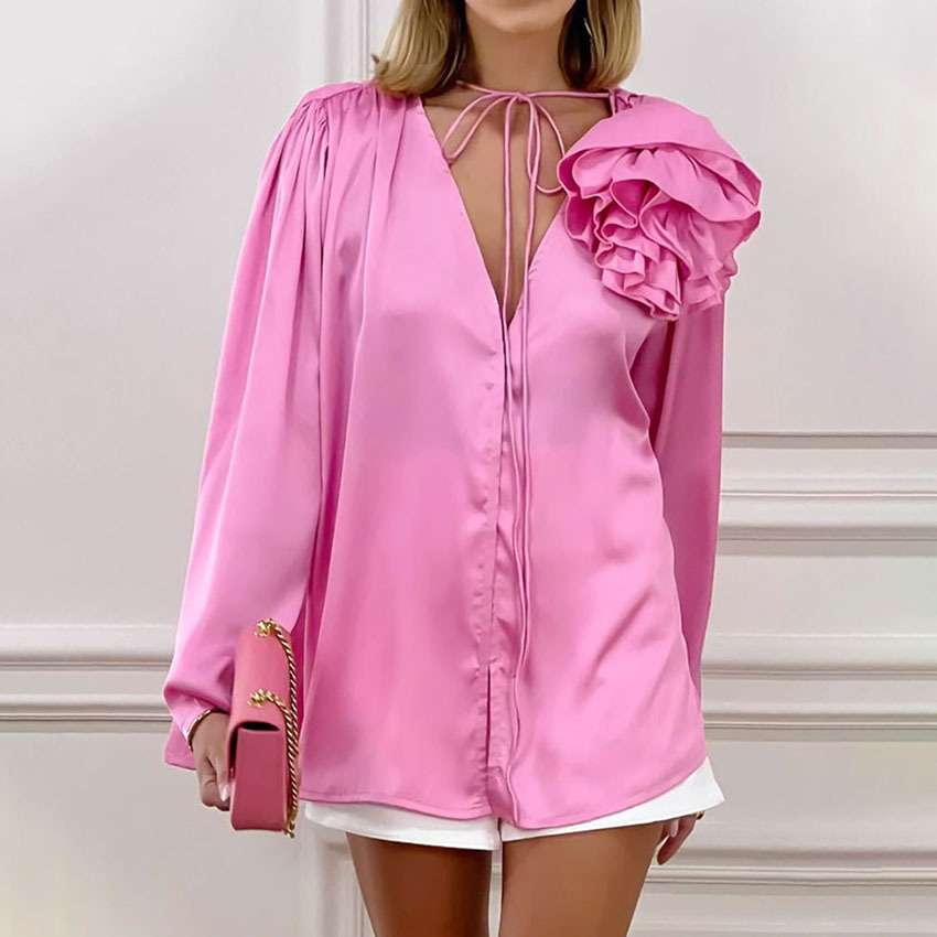 2024可拆卸粉色领花衬衫女气质高级感小众长袖衬衣women clothes