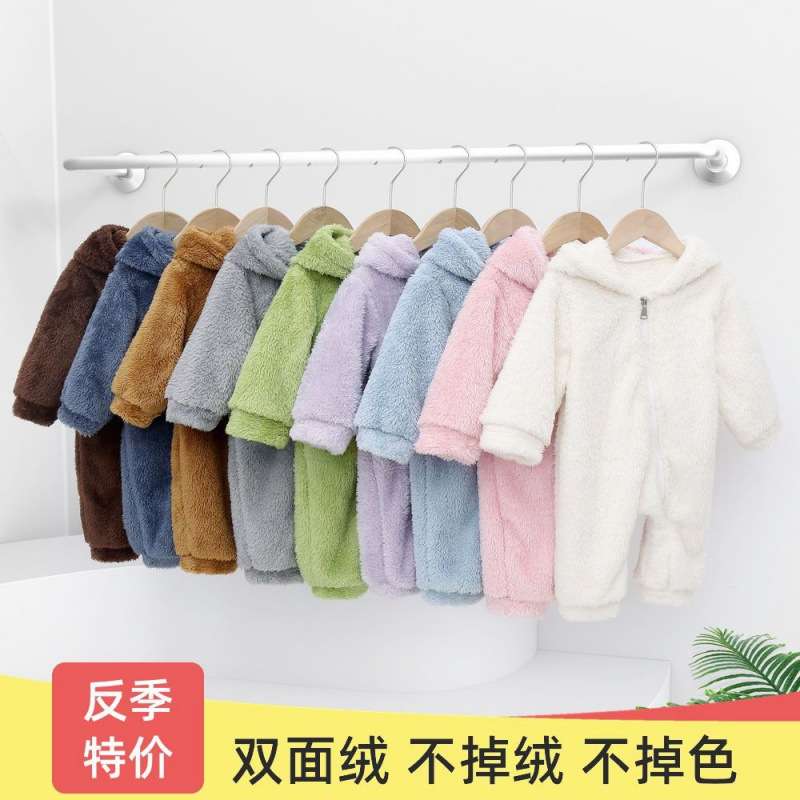 毛绒连体衣婴儿新生秋冬男女宝宝绒秋冬儿童耳朵爬爬服外穿珊瑚