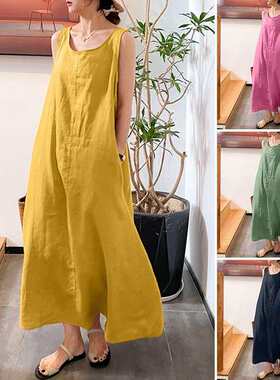 2024吊带棉麻简约风宽松口袋圆领气质无袖连衣裙女women clothes