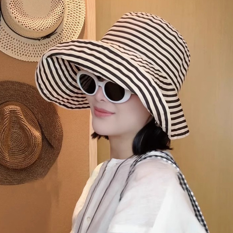 胶片日记夏季条纹渔夫帽子女新款长短檐防晒帽织带时尚盆帽遮阳帽