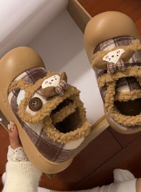 韩版可爱卡通小熊毛毛棉鞋女2025冬季新款厚底增高外穿保暖面包鞋