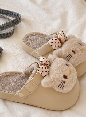 可爱防水棉拖鞋女2025新款冬季两穿居家外穿防滑厚底保暖毛毛拖潮