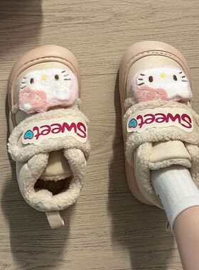 卡通猫咪图案魔术贴棉鞋女2025新秋冬厚底保暖防滑可爱百搭雪地靴