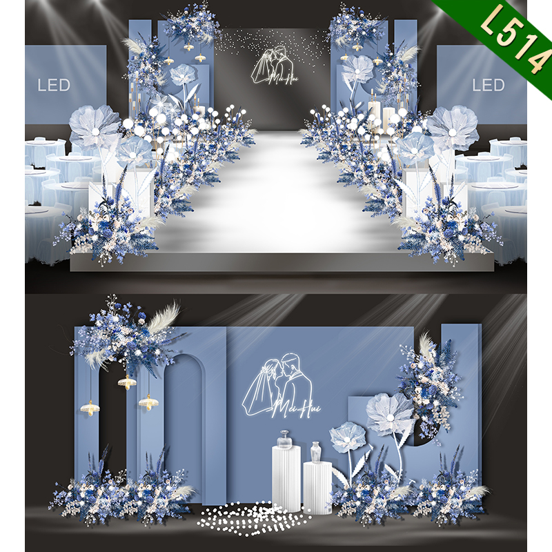 L514蓝白色系婚礼效果图雾霾蓝色led背景大屏幕舞台简约原创设计