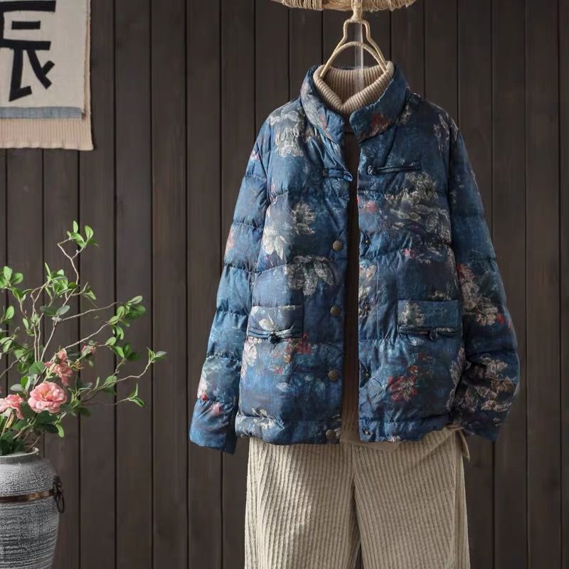 反季清仓白鸭棉中国风印花羽绒服女时尚羽绒服民族风复古盘扣轻便