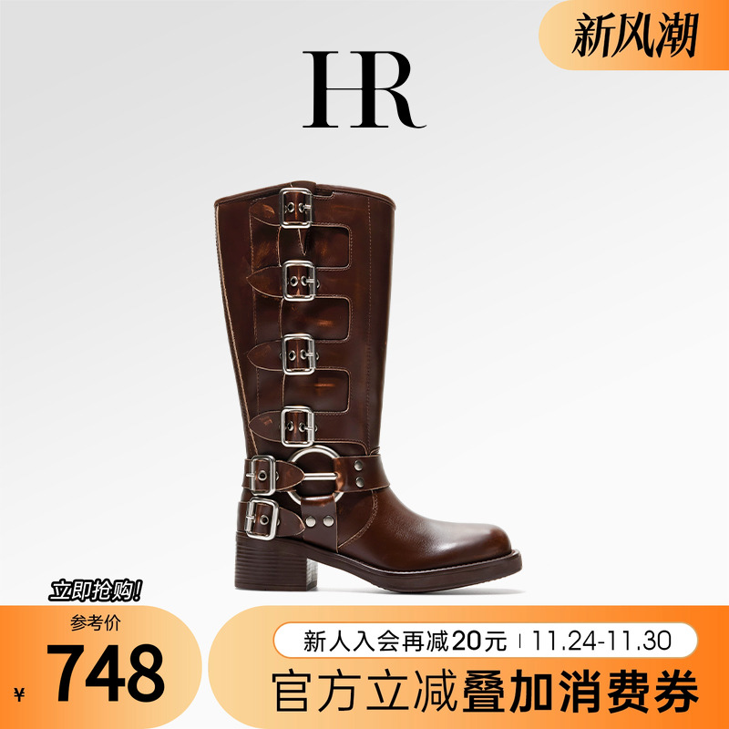HR赫莲娜新款不过膝皮带扣骑士靴