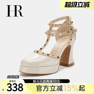 凉鞋 HR赫莲娜女鞋 时装 子2025年夏季 百搭铆钉漆皮高跟性感绑带 新款