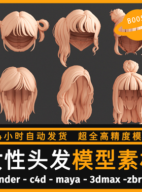 头发模型卡通女生发型女性人物长头发C4D模型ZB/3dmax/maya
