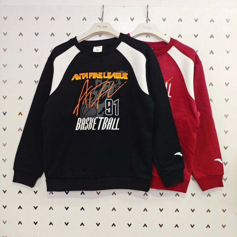 安踏儿童男大童针织套头衫2025秋冬款舒适保暖中大童加绒运动卫衣