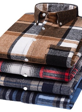 加厚春秋款英伦风纯棉磨毛格子衬衫男装开衫外套钮扣领男式全棉