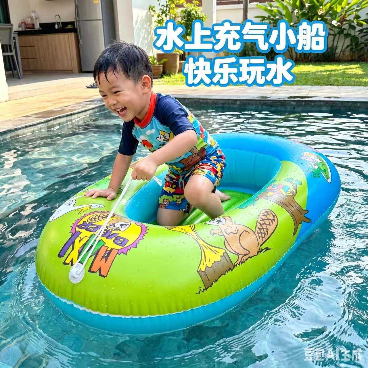 儿童游泳气垫船儿童充气小船防侧翻游泳圈玩水坐圈水上乐园漂浮船