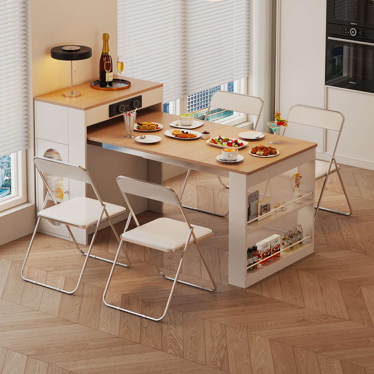 中古奶油风岛台餐桌一体可伸缩