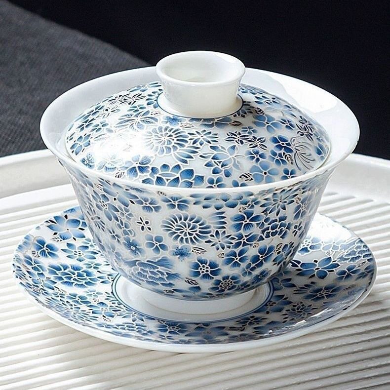羊脂玉瓷掐丝万花三才盖碗德化单个功夫茶具家用茶碗泡茶陶瓷茶杯