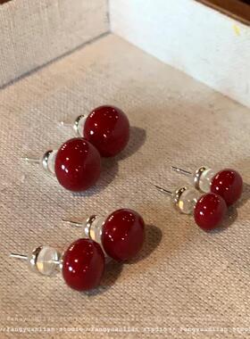 新年车厘子红色耳钉高级感轻奢过年喜庆馒头珠扁圆百搭气质耳饰女