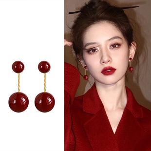 一款两戴~新年红色仿珍珠流苏耳钉女2026过新年耳环方圆脸耳饰女