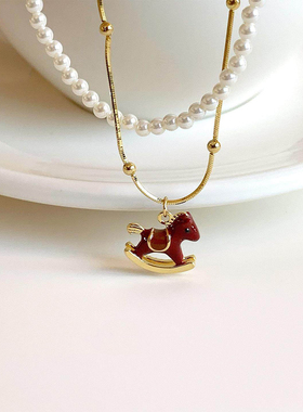 红色小马吊坠项链女小米珠锁骨链