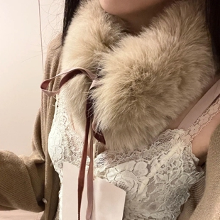 韩系蝴蝶结系带仿狐狸毛毛领围巾女2026新款小众设计保暖防寒围脖