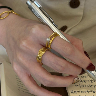 中古风仿碎金子宽边戒指女小众设计轻奢高级感2025新爆款指环组合