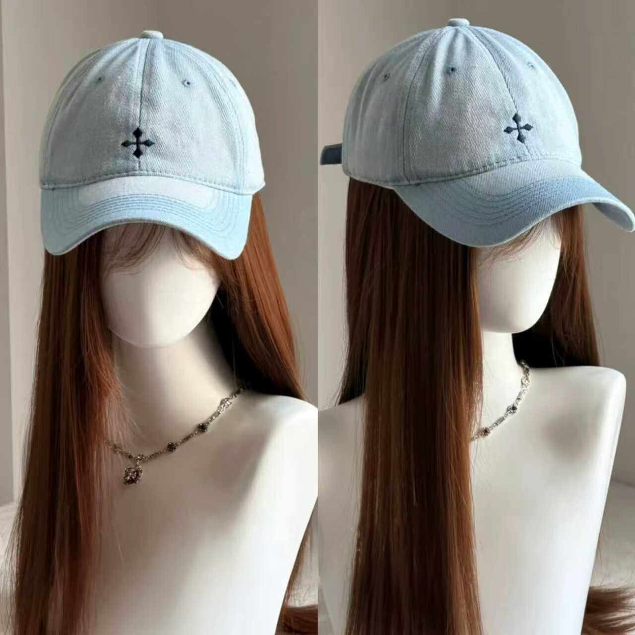 巨好戴！十字架刺绣浅蓝帆布鸭舌帽子女款2026新款巨好看的棒球帽