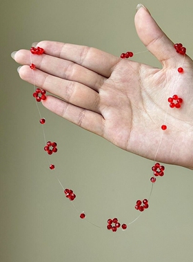 红色多切面串珠花朵项链女锁骨链