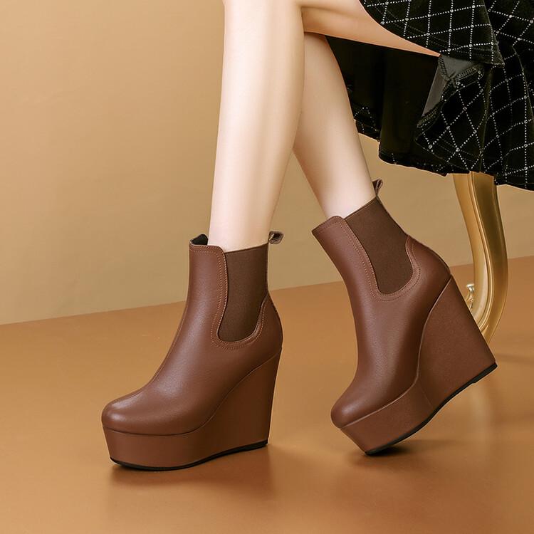 防水台超高跟坡跟短靴真皮马丁靴