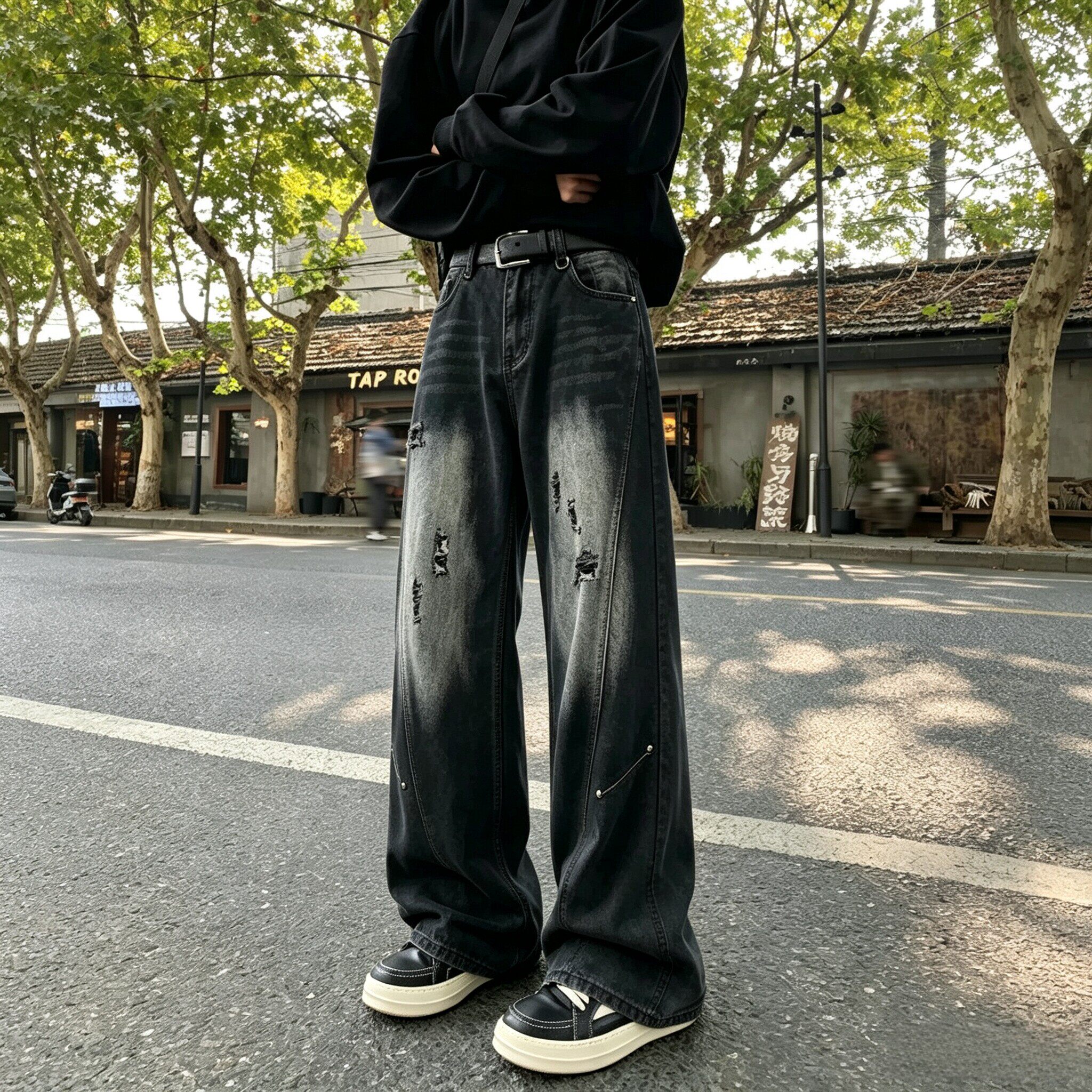 高街美式斜切破洞直筒牛仔裤男