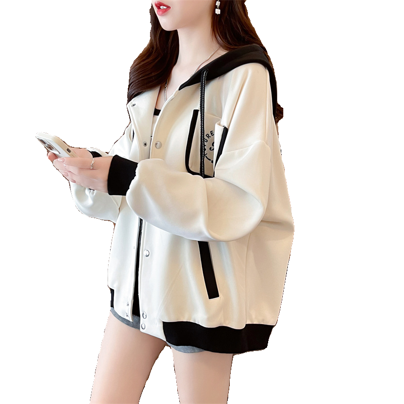 春秋爆款开衫撞色外套女秋冬加绒胖mm大码oversize欧货连帽卫衣潮