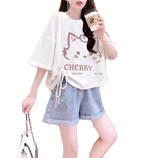 爆款超好看小个子纯棉抽绳短袖t恤女夏季超显瘦遮肉短款卡通上衣