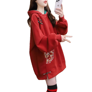 2025新年中国风红色卫衣服女加绒加厚胖mm大码本命年爆款连帽外套