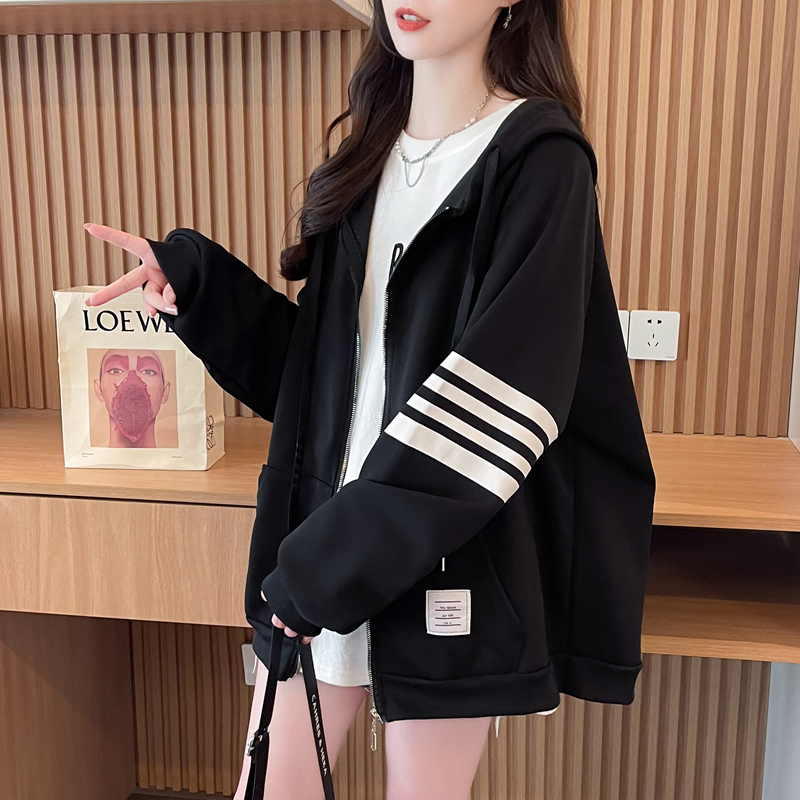 春秋款超好看欧货开衫连帽外套女