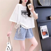 t恤女小个子夏季 大码 时尚 设计感小众纯棉抽绳短袖 洋气短款 上衣潮