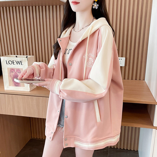 加绒加厚撞色连帽棒球服外套女秋冬款 遮肚显瘦200斤夹克上衣 大码