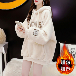 欧货大版 200斤遮肚子刺绣外套 羊羔绒连帽卫衣女加绒加厚胖mm大码