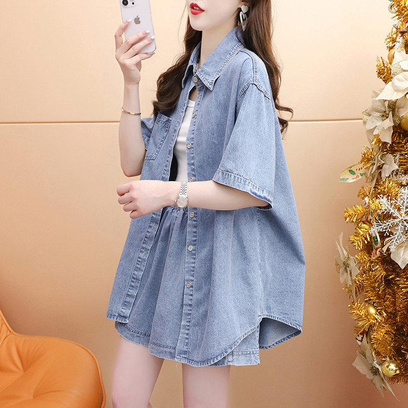 港风牛仔衬衫两件套女夏季2025新款胖mm大码藏肉显瘦时尚套装,女装/女士精品,常规大码外套,淘宝优惠券,粉丝福利购,淘宝优惠卷