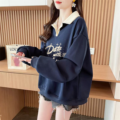 加绒加厚美式藏青色卫衣女秋冬款
