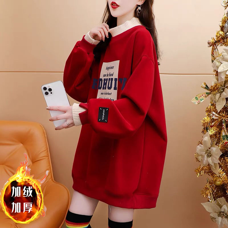 假两件加绒加厚大码圆领卫衣女