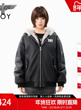 【银河旷野】BOYLONDON冬季毛领连帽夹克双面可穿PU皮外套N23907