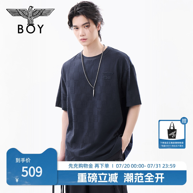 BOYLONDON25新款藏青色男女同款简约棋盘格暗纹潮流短袖T恤N01005