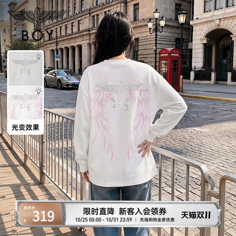BOYLONDON套头卫衣女纯棉慵懒风秋季光变翅膀印花圆领上衣N03911