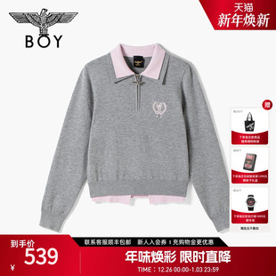BOYLONDON学院风粉灰撞色假两件女毛衣新款 W60912 POLO领针织衫